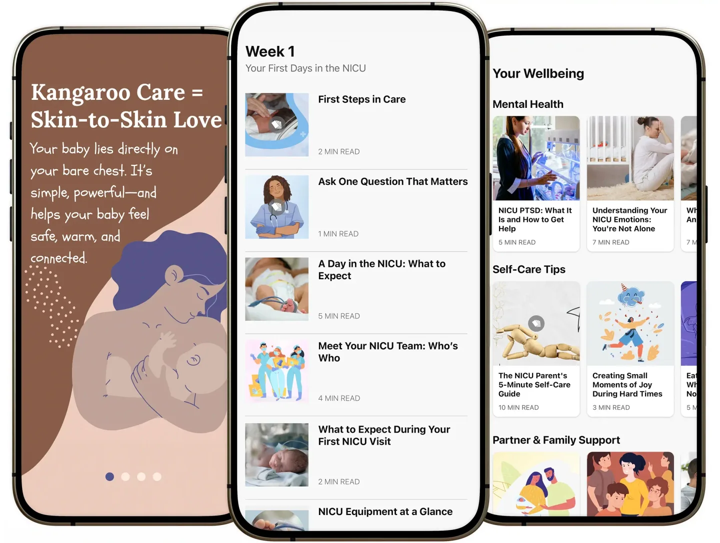 LuvviCare education screens with NICU lessons, wellbeing articles, and care-stage guidance